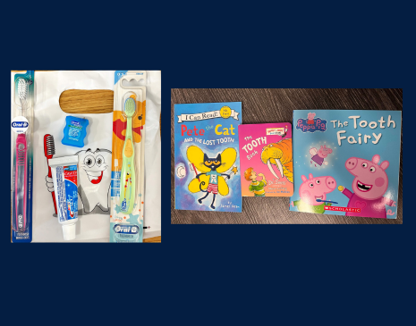 A picture of the books and supplies that are provided to families at ETSU Health Pediatrics.