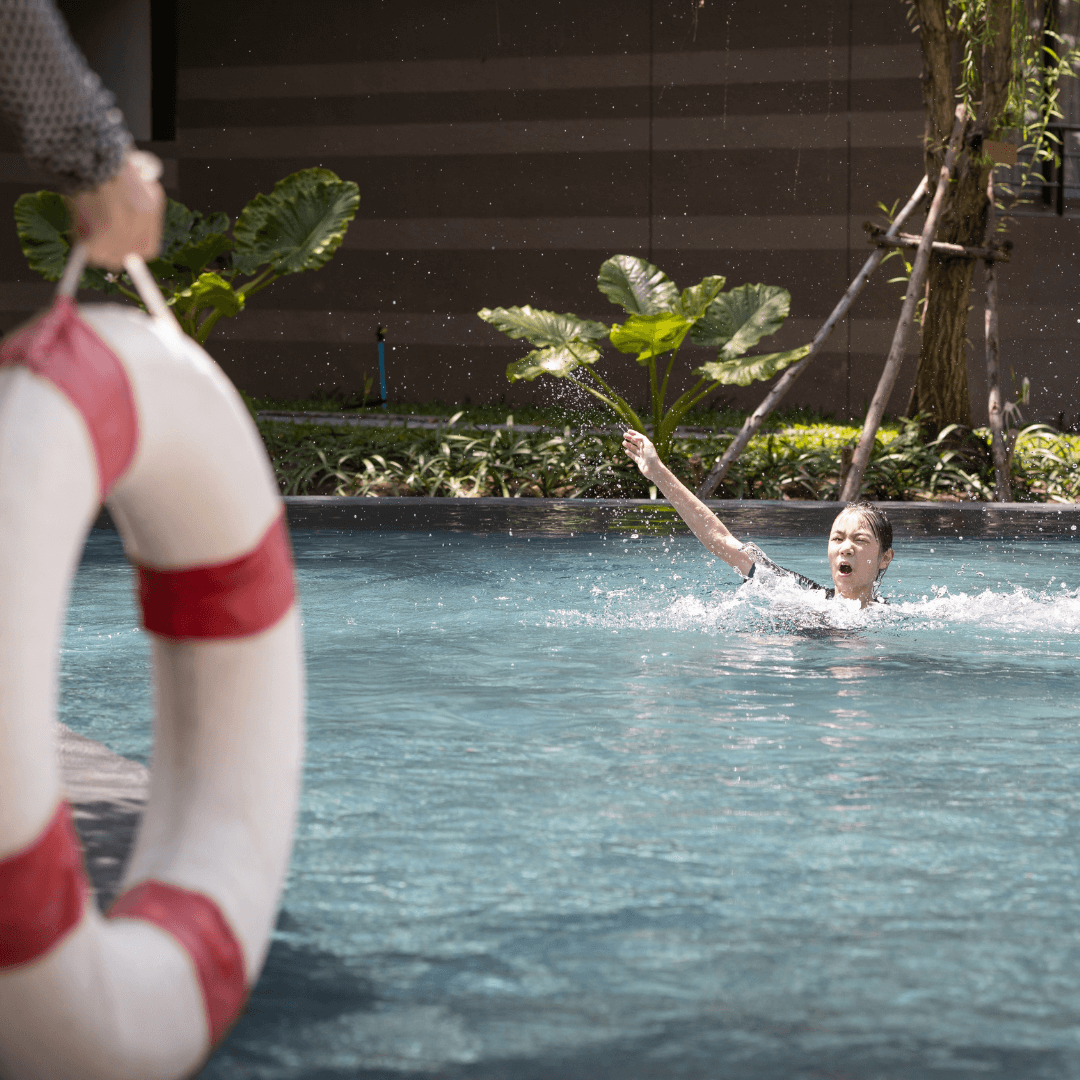 A water float about to be thrown to a child that needs help swimming in the pool.