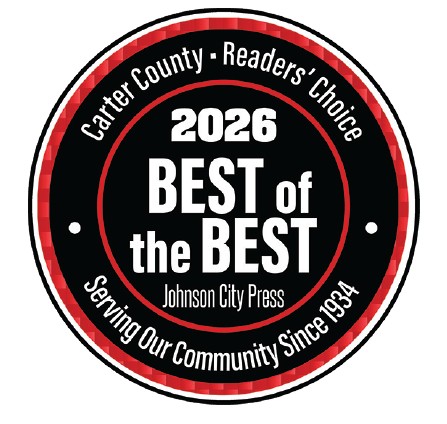 Red, black and white logo with text stating, "Carter County Readers' Choice 2026 Best of the Best. Johnson City Press Serving Our Community Since 1934." Horizontal stripes in shades of gold appear across the bottom of the graphic.
